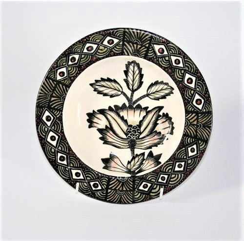 Wide Flat rim bowl with black , olive, red & white pattern