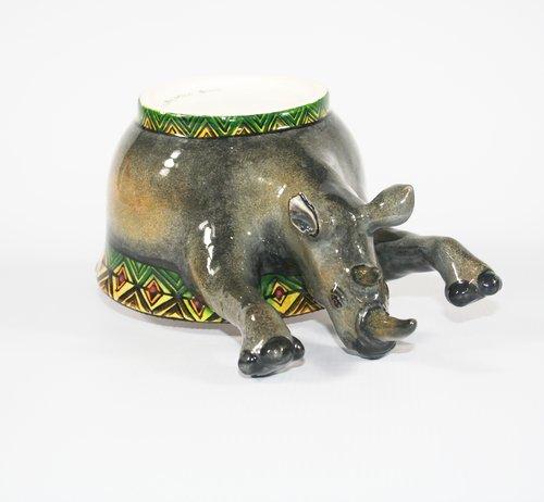 Upside down rhino bowl with green & yellow pattern