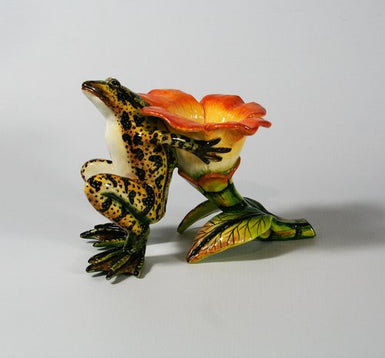 Brown frog with orange petals candlestick