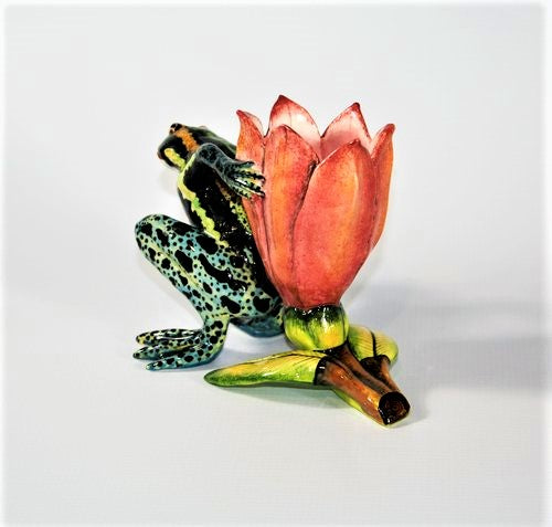 Blue, black & green frog with pink petal candlestick