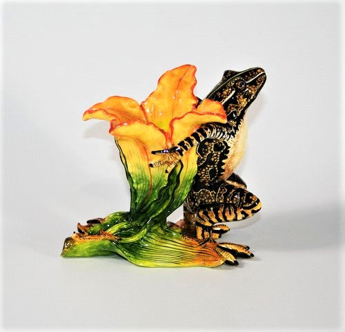 Brown frog with orange petals candlestick