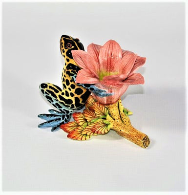 Blue & green leopard frog with open pink petal candlestick