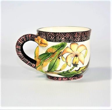 Painted bird & flower mug with sculpted leaves