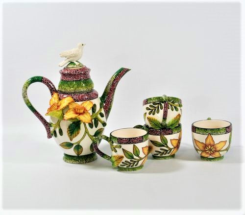 Coffee set with salmon flower and white bird