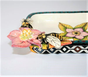Small rectangular platter with flower & bees bowl