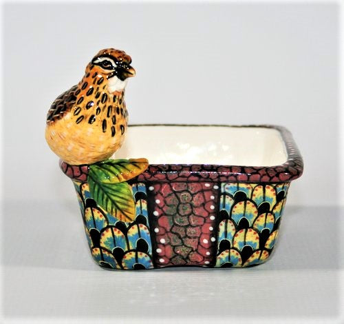 Extra small rectangular bowl with bird & flower