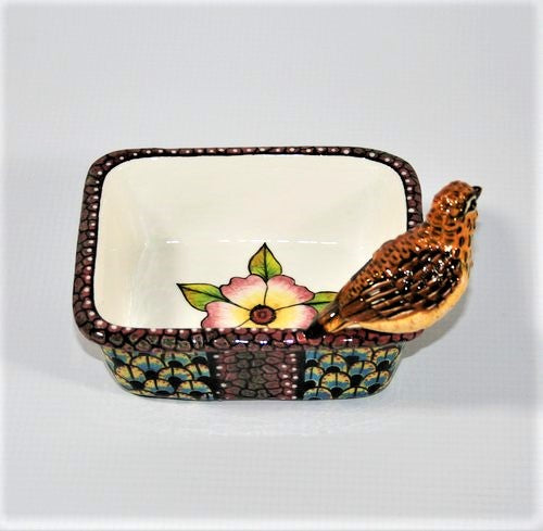 Extra small rectangular bowl with bird & flower
