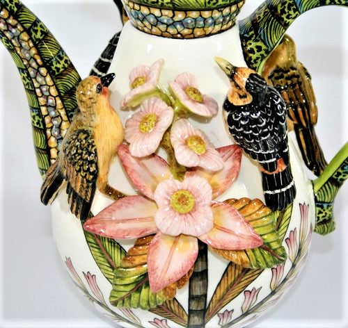 Hoopoe, flowers & bird coffee pot