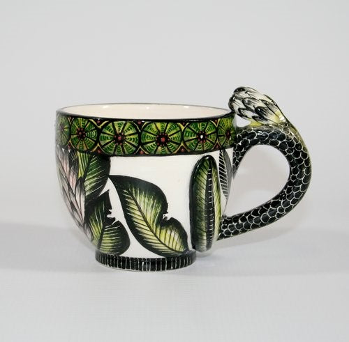 Protea mug with green circle pattern