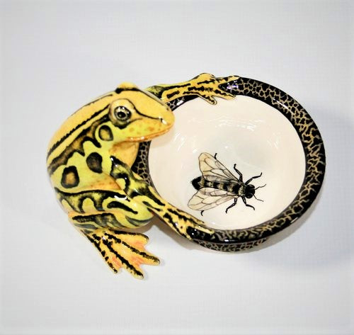 Yellow & lime squatting frog with bee ring bowl sold