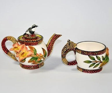 Small tea pot with salmon flower and kingfisher & leopard handle cup