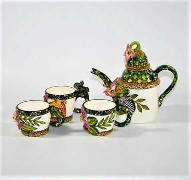 Coffee pot and three mugs with animal handles