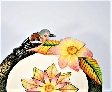 Small decorative bowls, peach black bird with lilac flower